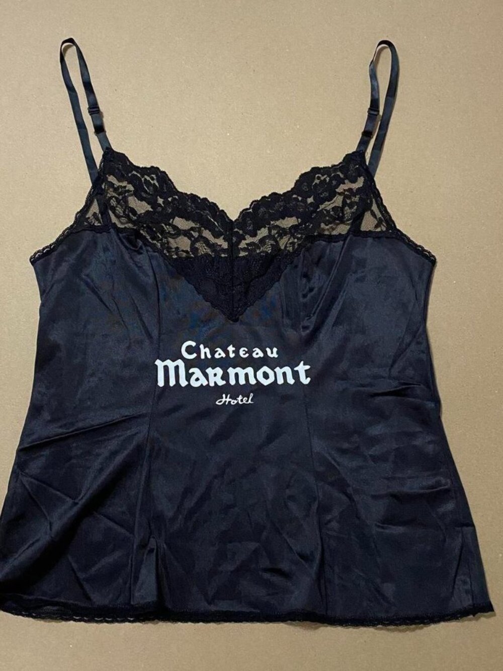 Chateau Marmont hotel logo black lace cami top